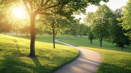 Obraz premium Sunlit park path winding through green hills, trees, sunset backdrop; idyllic scene