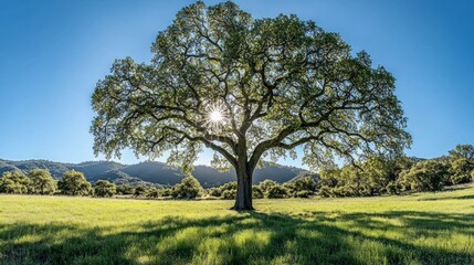 Obraz premium Sunlit oak tree in meadow, hills background, nature scene