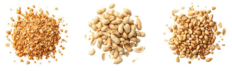 Set of neat pile of shelled peanuts with scattered crumbs presented in a natural and rustic style isolated on a white or transparent background.