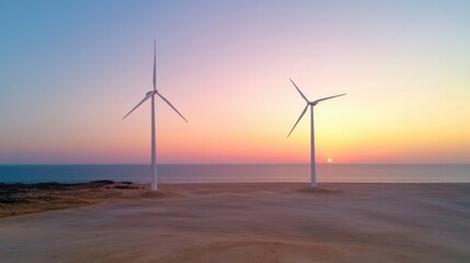 Obraz premium Two wind turbines stand on a coastal field at sunset, generating clean renewable energy.