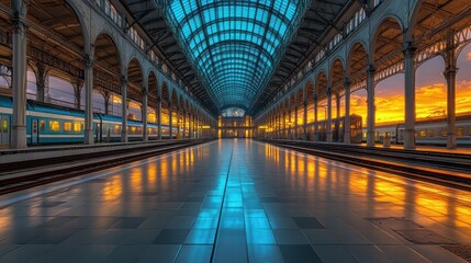Fototapeta premium Sunrise Train Station Platform Reflection
