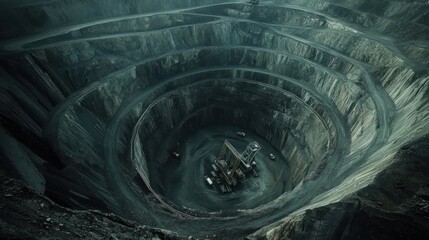 Aerial view of deep mine pit, heavy machinery, excavation, industrial landscape, mining operation