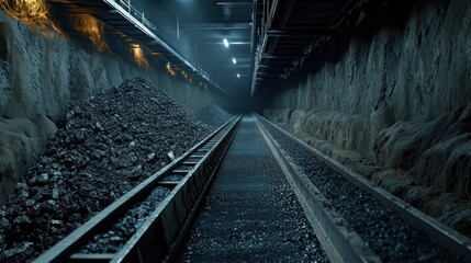 Obraz premium Coal mine tunnel, conveyor, transportation, dark, industrial, underground, mining, extraction, resources, energy