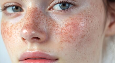 Naklejka premium Close-up of a woman's face with redness and spots on the cheek, showing dry skin.