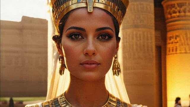 Beautiful Egyptian queen against the background of Egyptian antiquities.