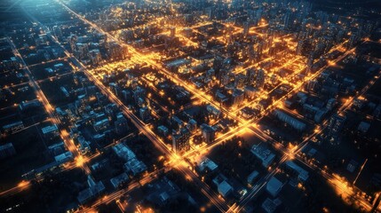 Obraz premium Aerial Night Cityscape Illuminated Streets, Buildings, & Traffic