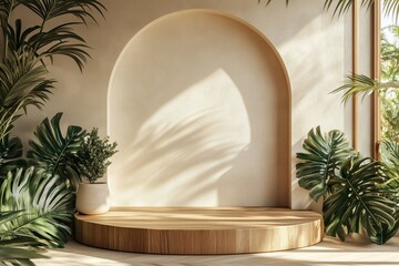 Fototapeta premium Minimalist Tropical Interior with Wooden Pedestal and Lush Green Plants. Backdrop design, soft brown, wood podium, product display 