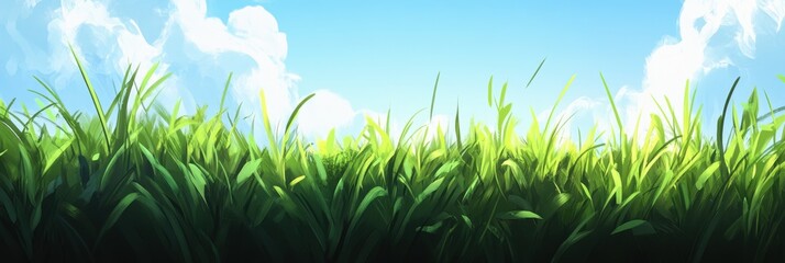 Obraz premium Green grass blades growing under blue sky and white clouds