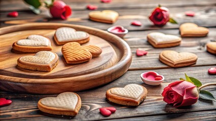 Naklejka premium Heart-shaped cookies and roses on a wooden surface