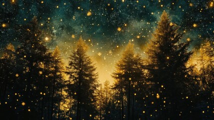 Naklejka premium Magical forest, starry night, glowing lights, fantasy, design