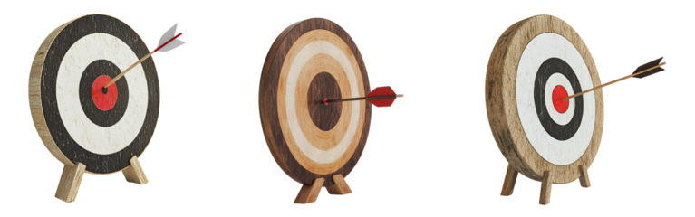 Set of 3D-rendered targets with an arrow striking the middle isolated on a white or transparent background.