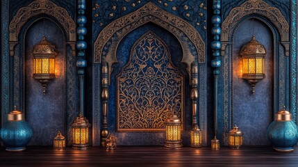 Fototapeta premium Illuminated Moroccan archway backdrop, lanterns, festive