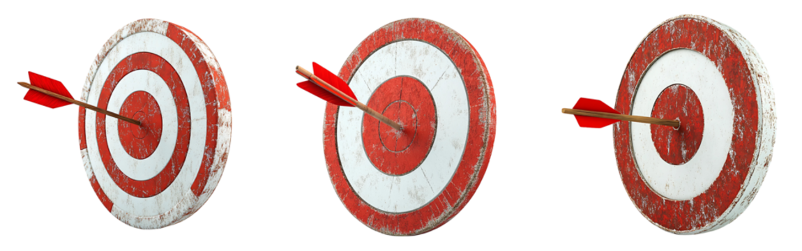 Set of 3D-rendered targets with an arrow striking the middle isolated on a white or transparent background.
