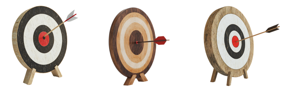 Set of 3D-rendered targets with an arrow striking the middle isolated on a white or transparent background.