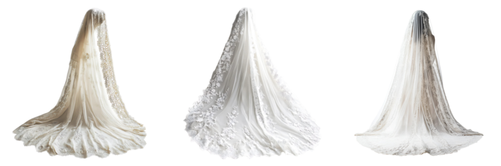 Set of delicate lace wedding veil showcasing intricate patterns and craftsmanship isolated on a white or transparent background.
