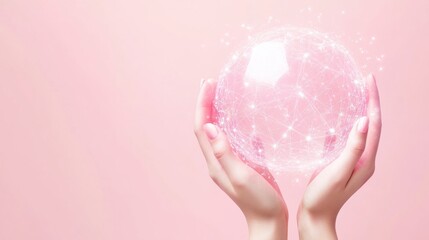 Woman holding glowing sphere of global network connections on pink background