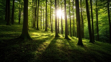 Fototapeta premium Sunlit forest path, trees, sunlight, shadows, nature, background, calmness, serenity, wallpaper, website