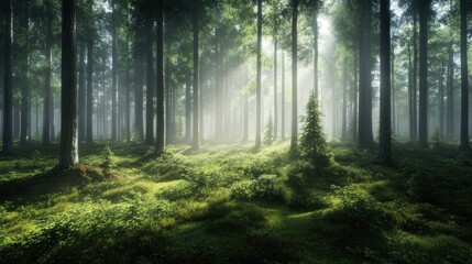 Obraz premium Sunbeams illuminate misty forest path, nature background, idyllic scene