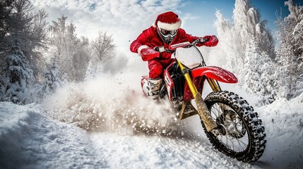 Santa motocross winter forest snow speed holiday