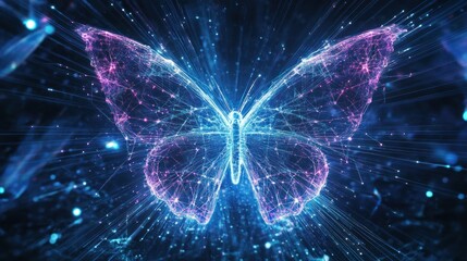 Obraz premium Digital butterfly, glowing, dark background, technology, abstract art