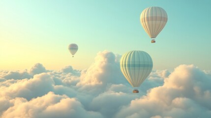 Fototapeta premium Hot air balloons soar above fluffy clouds at sunrise, peaceful travel concept
