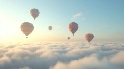Fototapeta premium Hot air balloons soar above clouds at sunrise; travel, adventure concept (1)