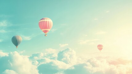 Fototapeta premium Hot air balloons soar above fluffy clouds at sunrise, peaceful travel background