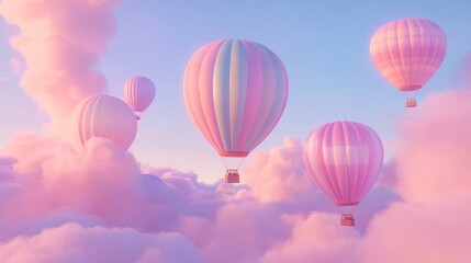 Obraz premium Pastel hot air balloons soar through dreamy pink cloudscape at sunset; travel, fantasy, adventure