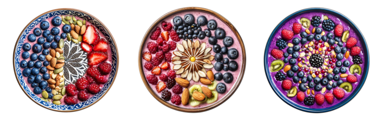 Set of serene plant-based smoothie bowl with seeds, nuts, and berries arranged in a mandala pattern isolated on a white or transparent background.