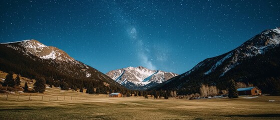 Majestic Mountain Starry Night Landscape with Cabins