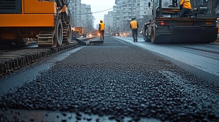 Seamless asphalt laying on the road with workers working nearby, building new black tarmac surface for vehicles and cars in construction site.