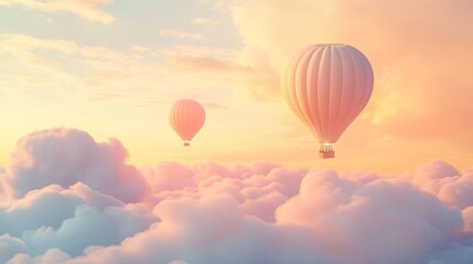 Naklejka premium Two hot air balloons soar above a sea of clouds at sunset, ideal for travel brochures