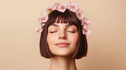 Naklejka premium Serene woman, flower crown, beige backdrop, beauty shot, spa ad