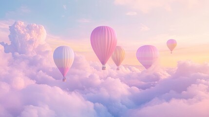 Obraz premium Pastel hot air balloons soar above dreamy cloudscape at sunset; idyllic travel poster