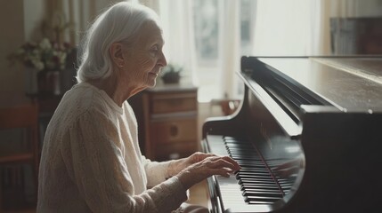 Elderly woman playing piano in sunlit living room