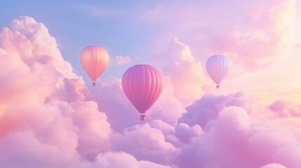 Obraz premium Pastel hot air balloons soar above dreamy cloudscape at sunset; travel, dreamscape