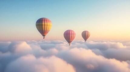 Fototapeta premium Three hot air balloons soar above a sea of clouds at sunrise, travel, adventure