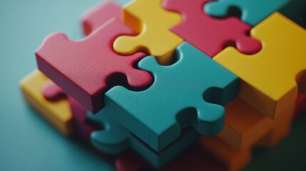 Obraz premium Colorful jigsaw puzzle pieces connecting on turquoise background