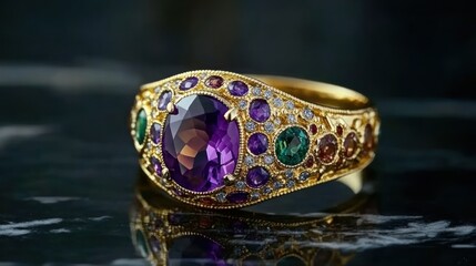 Fototapeta premium Amethyst gold ring, gemstones, dark background, reflection, jewelry advertising