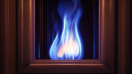 Fototapeta premium Blue flame burning in dark framed fireplace