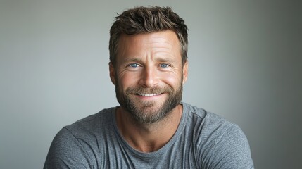 Fototapeta premium A portrait of an attractive man with short hair and a beard, smiling at the camera. He is wearing a casual gray t-shirt against a light gray background.