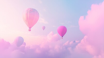 Obraz premium Pink hot air balloons soaring above dreamy cloudscape at sunrise; idyllic travel poster