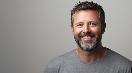 Naklejka premium A portrait of an attractive man with short hair and a beard, smiling at the camera. He is wearing a casual gray t-shirt against a light gray background.