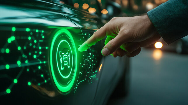 Person interacts with futuristic electric vehicle interface - Powered by Adobe