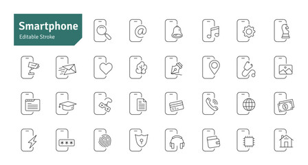 Smartphone Line Editable Stroke Icons Set. Mobile Phone Functions, Settings, Technology, Apps, Security, Shopping, Mobile Wallet, Marketing, Promotion, Communication Collection Vector Illustration.