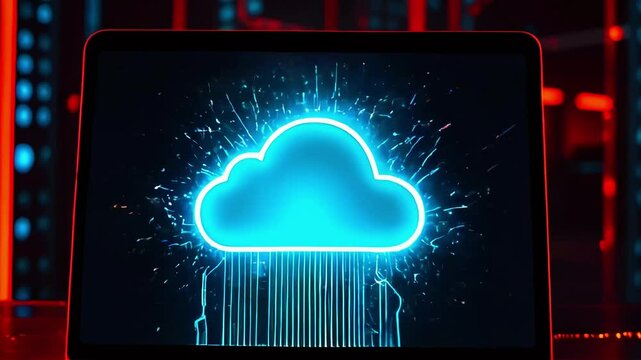 Futuristic cloud computing concept on a laptop screen with vibrant neon lights in a tech environment