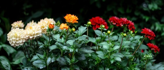 Obraz premium Vibrant Dahlia Flowers Garden Blooms Red Orange White