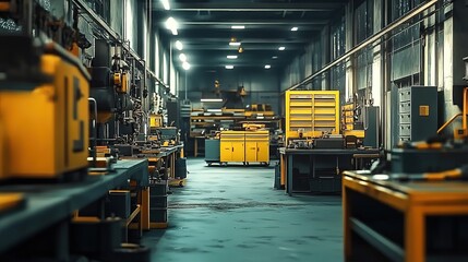  The photo shows an industrial factory or workshop interior with rows of workbench tables and equipment, including tools hanging on the walls.