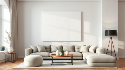Obraz premium Mockup of blank canvas on living room wall with modern art print, blank, template, interior design