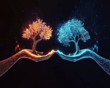 Hands planting glowing trees of cultural and linguistic harmony